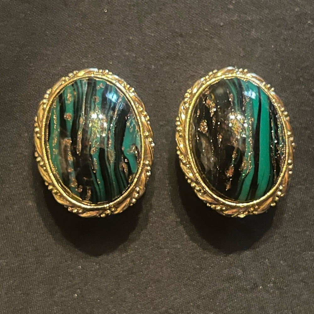 Vintage Gold and Green Oval Earrings with Gold glitter swirl and black stripes